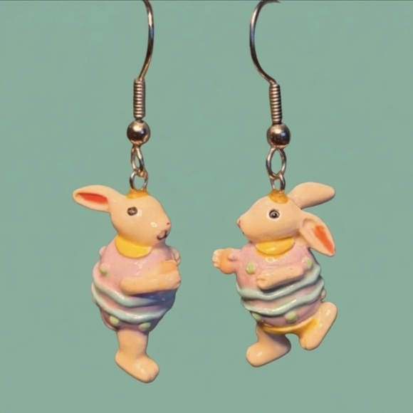 Source Unknown Jewelry - Bunnies Dressed As Easter Eggs Dangle Earrings with Pastel Colors
